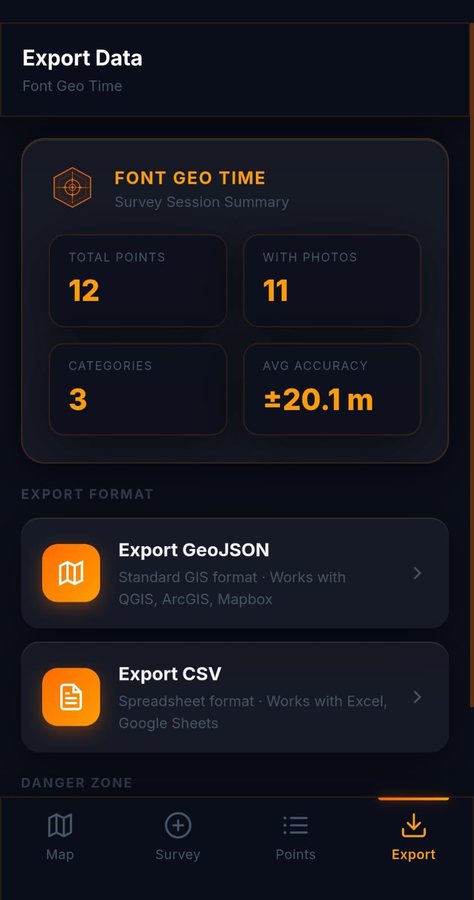 FGT export screen with a session summary and GeoJSON or CSV export options