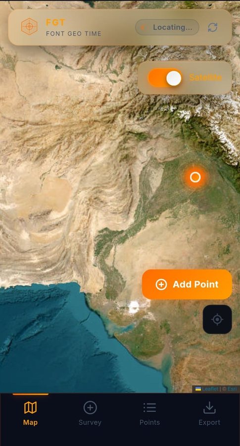 FGT map view with satellite basemap, a located position and an Add Point button