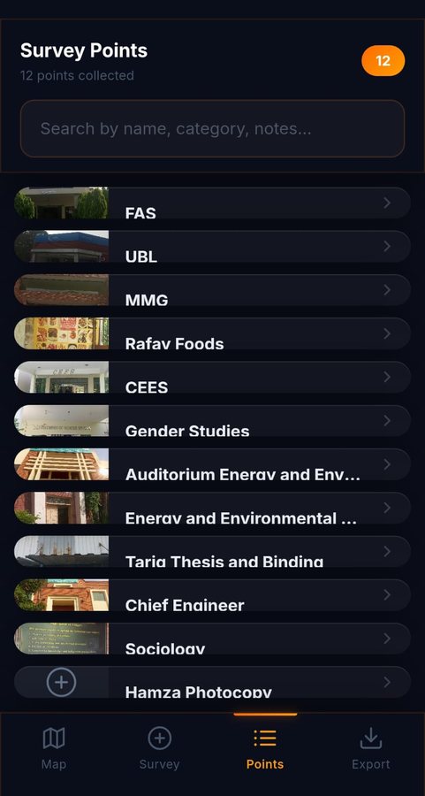 FGT points list showing twelve collected survey points with photo thumbnails