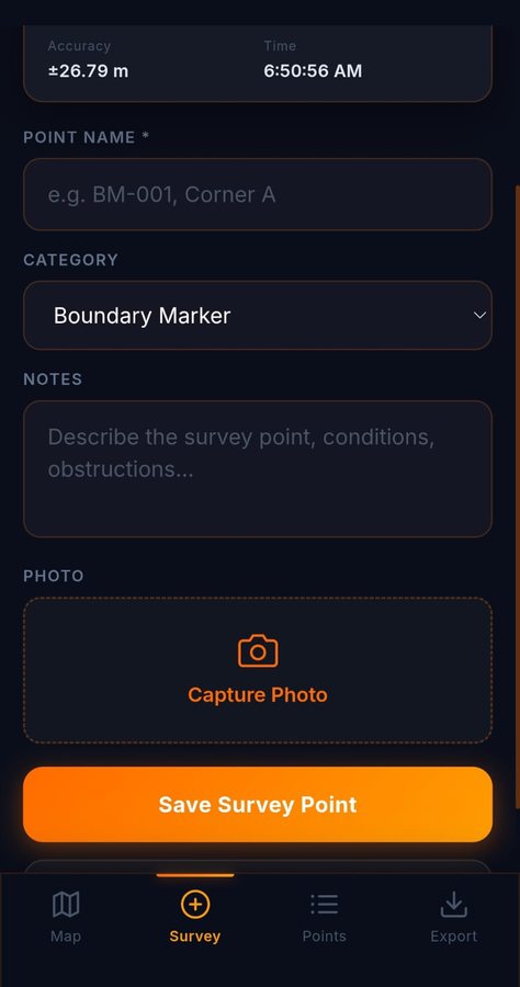FGT survey form with GPS accuracy, point name, category, notes and capture photo