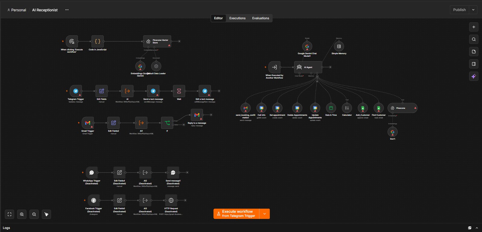 The receptionist workflow canvas in n8n: an AI agent with eight tools fanning out to calendar, CRM and confirmation actions, beside a Telegram intake flow with a wait and edit step
