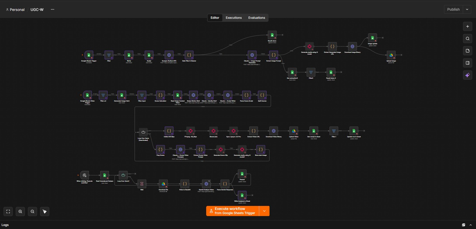 The UGC-W workflow canvas in n8n: parallel branches of nodes covering scraping, Claude prompt generation, scene splitting, clip generation, lip-sync and assembly