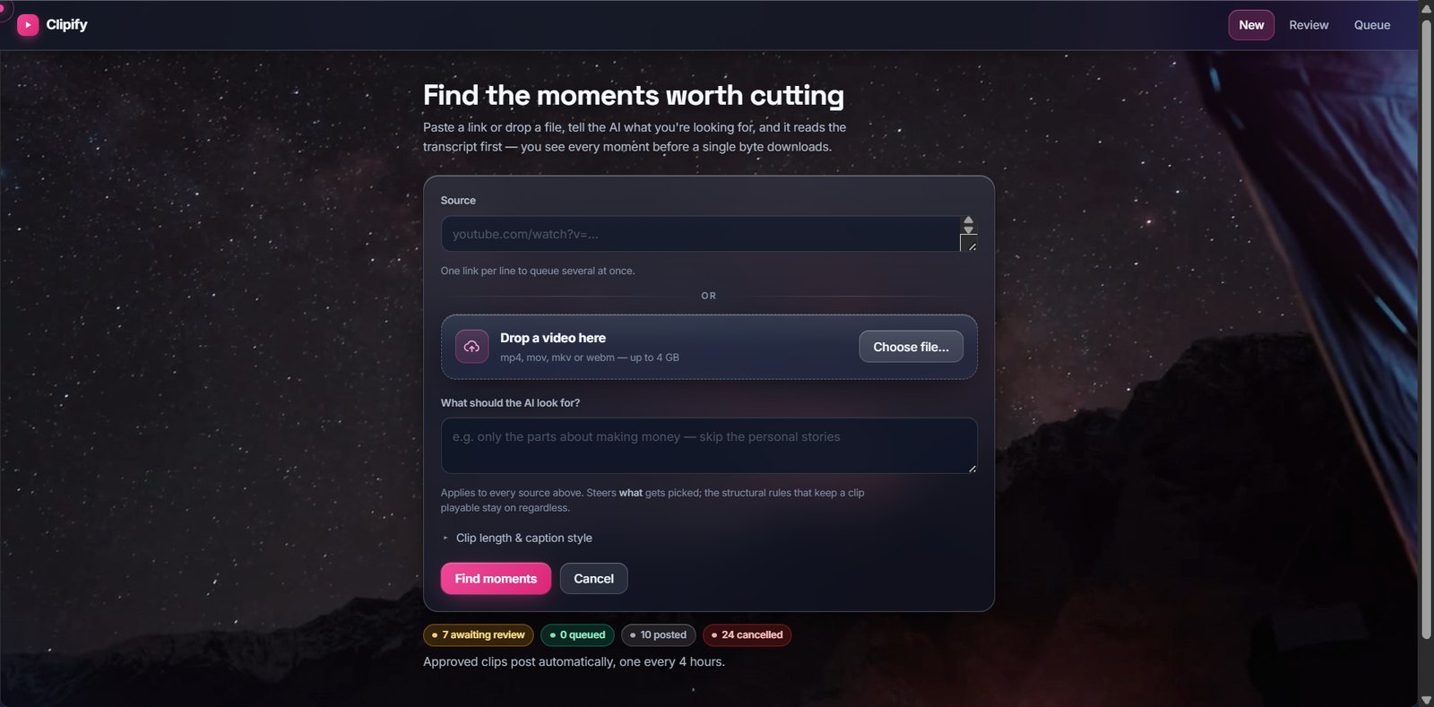 Clipify interface: paste a link or drop a file and tell the AI what to look for, with review and queue navigation