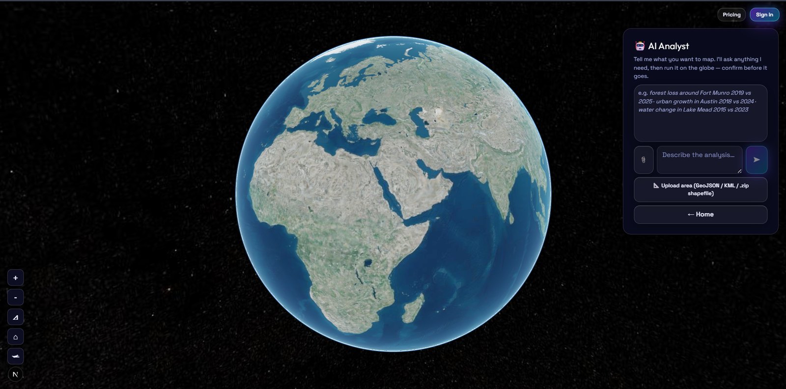 GeoReport AI Analyst panel beside the globe, inviting a plain-language description of the analysis to run