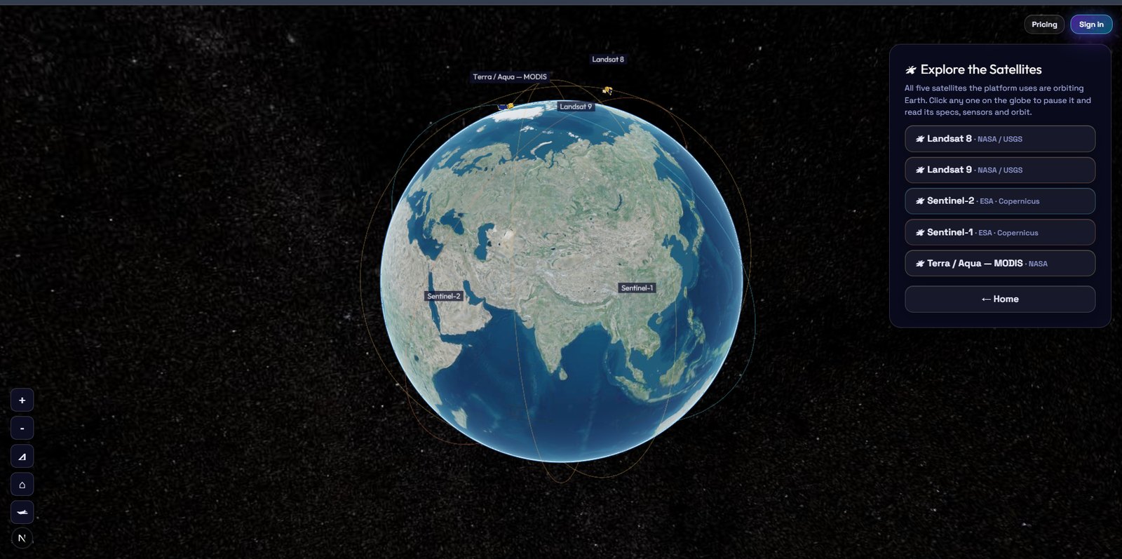 GeoReport AI: a 3D globe with five satellites in orbit and a panel listing Landsat 8, Landsat 9, Sentinel-2, Sentinel-1 and Terra Aqua MODIS